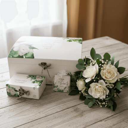 elegantne bijele kutije uspomena s citatom o ljubavi i cvjetnim motivima, idealan poklon za vjenčanje