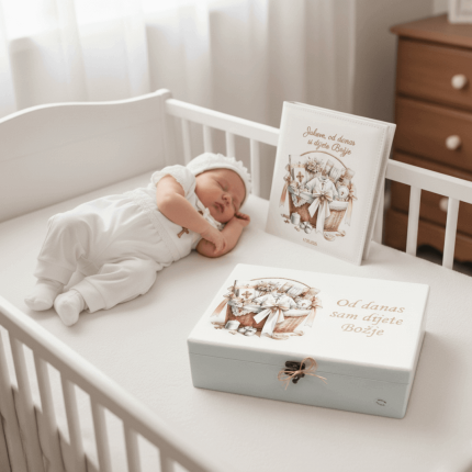 Beba spava uz personaliziranu kutiju uspomena i album s natpisom “Od danas sam dijete Božje” – poklon za krštenje, ručni rad Poklon Dobra Ideja.