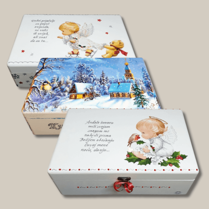Personalizirana kutija uspomena s božićnim motivima, rukom pisanim porukama i zimskim detaljima