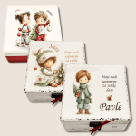 Božićna kutija uspomena s motivom svete obitelji i dječice – ručni rad s rukom pisanim tekstom