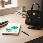 elegantan rokovnik s ilustracijom žene i natpisom “Razmišljaj kao kraljica” na uredskom stolu uz torbu i rukavice