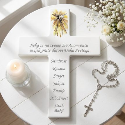 Križ za krizmu s darovima Duha Svetoga – personalizirani ručni rad