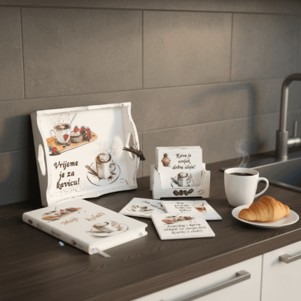 Personalizirani kuhinjski set – poslužavnik, rokovnik i podmetači, ručni rad.
