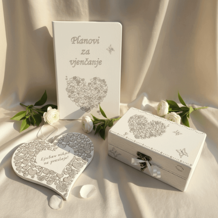 Personalizirani poklon za mladence – kutija za prstenje, planer i dekorativno srce