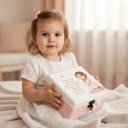 Djevojčica drži personaliziranu kutiju uspomena s anđeoskim motivom – poklon za krštenje i prvi rođendan