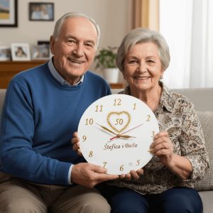 poklon za 50 godišnjicu braka – personalizirani zidni sat sa zlatnim srcem i imenima slavljenika
