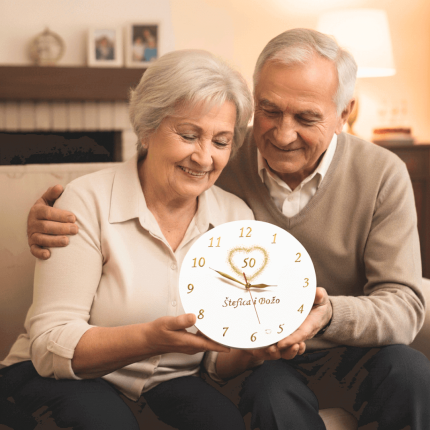 poklon za 50 godišnjicu braka – personalizirani zidni sat sa zlatnim srcem i imenima slavljenika