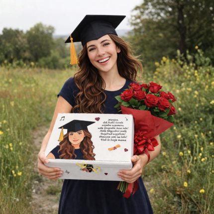 personalizirana kutija za diplomu s ilustracijom djevojke u togi i citatom o životnom putu