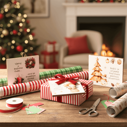 male drvene slike s božićnim porukama uz zamotane poklone i božićno drvce u pozadini