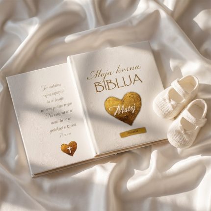 Personalizirana Biblija za krštenje s imenom djeteta i zlatnim srcem.