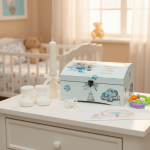 kutija uspomena za krštenje s plavim motivima u dječjoj sobi