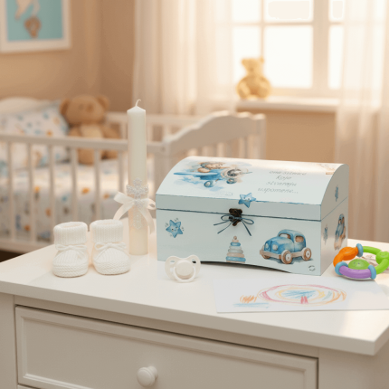 kutija uspomena za krštenje s plavim motivima u dječjoj sobi