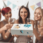 poklon za djevojačku večer – personalizirana kutija uspomena s ilustracijom mladenke i balonima s imenima prijateljica