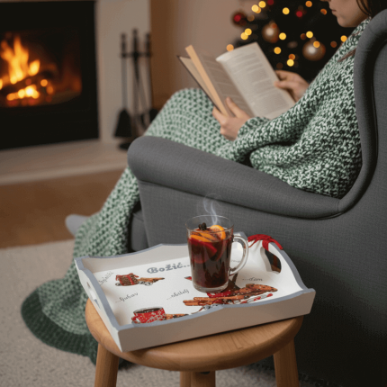 Božićni poslužavnik s motivima toplog doma – ručni rad Poklon Dobra Ideja, savršen blagdanski poklon za ljubitelje zimskih trenutaka.