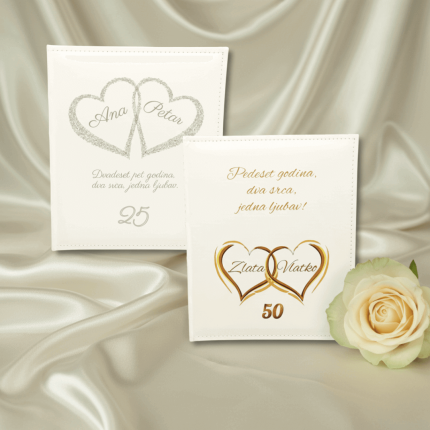 Personalizirani foto album za godišnjicu braka – model za srebrni i zlatni pir, s imenima para i elegantnim motivom srca.