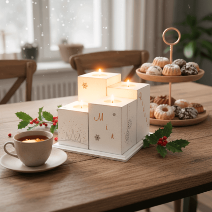 adventski drveni svijećnjak na stolu s upaljenim svijećama