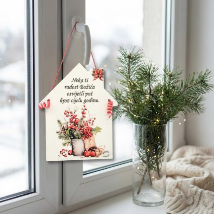 božićna drvena kućica s porukom – dekoracija s natpisom Neka te radost Božića oraspoloži kroz cijelu godinu, ručni rad