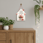 božićna drvena kućica s porukom – dekoracija s natpisom Neka te radost Božića oraspoloži kroz cijelu godinu, ručni rad