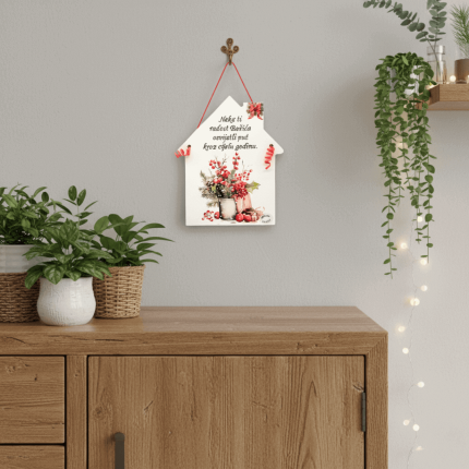 božićna drvena kućica s porukom – dekoracija s natpisom Neka te radost Božića oraspoloži kroz cijelu godinu, ručni rad