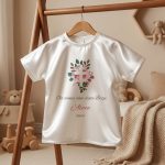 Bijela satenska krsna košuljica s cvjetnim križem i personaliziranim imenom djeteta. Svečana odjeća za krštenje obješena na drvenom stalku u dječjoj sobi.