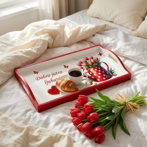 Personalizirani poslužavnik s porukom “Dobro jutro ljubavi” i šalicom kave.