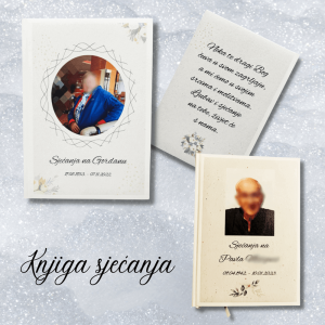 Personalizirane knjige sjećanja u čast preminulim voljenima, s posvetama i datumima rođenja i smrti, simbolom trajne uspomene.