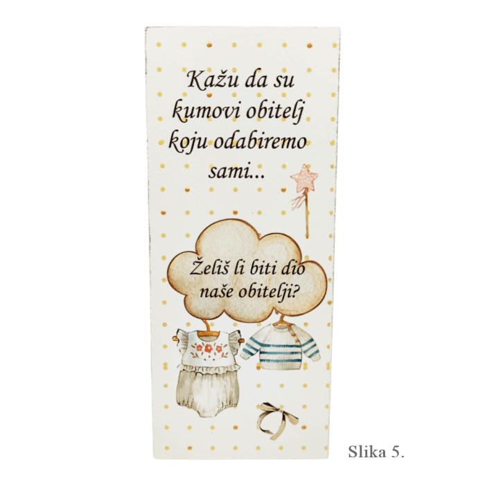 Kartica za pitanje kumovima – „Želiš li biti dio naše obitelji?“ s nježnim ilustracijama za djevojčicu, dječaka i neutralnu verziju.