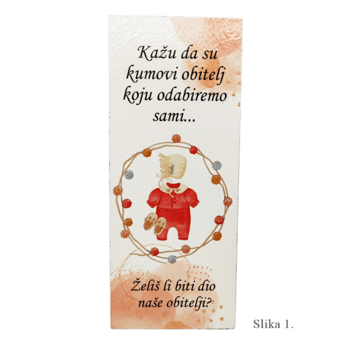 Kartica za pitanje kumovima – „Želiš li biti dio naše obitelji?“ s nježnim ilustracijama za djevojčicu, dječaka i neutralnu verziju.