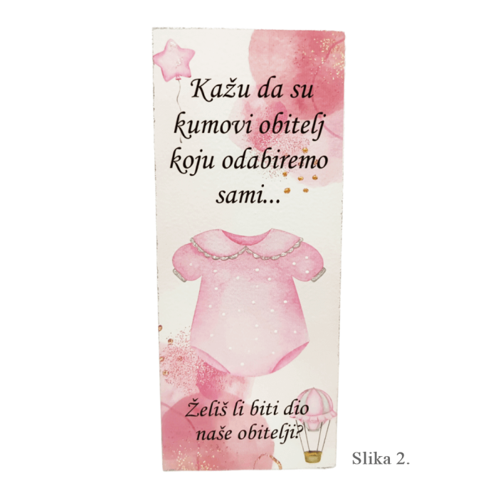 Kartica za pitanje kumovima – „Želiš li biti dio naše obitelji?“ s nježnim ilustracijama za djevojčicu, dječaka i neutralnu verziju.