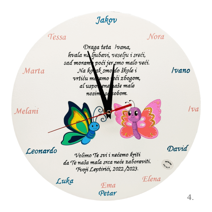 Personalizirani zidni sat za učiteljicu ili tetu u vrtiću – ručno izrađen dar s rukom pisanim tekstom, unikatni poklon pun emocija.