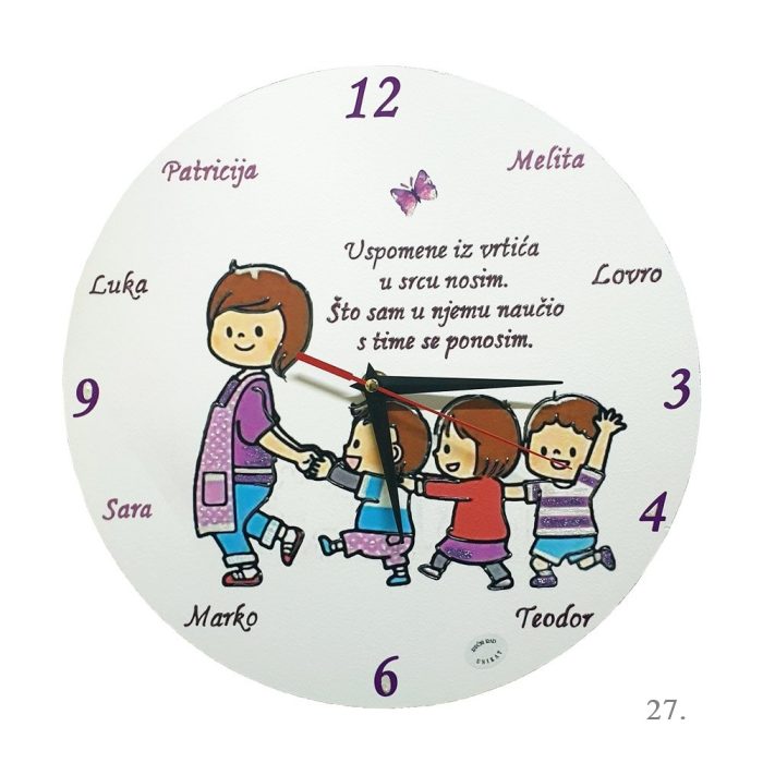 Personalizirani zidni sat za učiteljicu ili tetu u vrtiću – ručno izrađen dar s rukom pisanim tekstom, unikatni poklon pun emocija.
