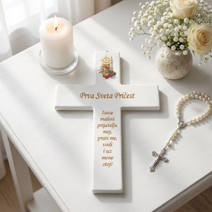Personalizirani križ za Prvu pričest s imenom i posvetom – ručno izrađen poklon za pričest ili krizmu