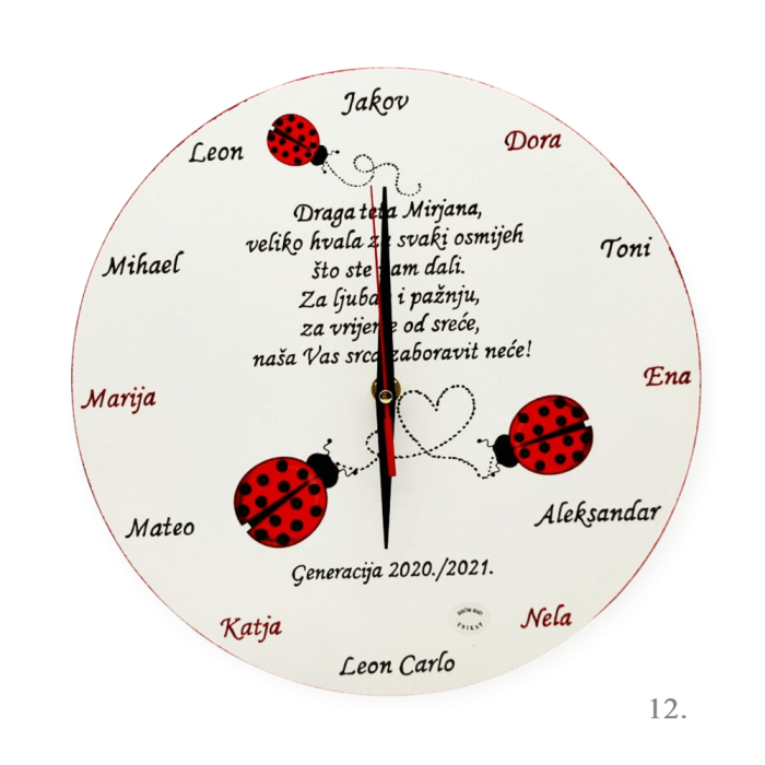 Personalizirani zidni sat za učiteljicu ili tetu u vrtiću – ručno izrađen dar s rukom pisanim tekstom, unikatni poklon pun emocija.