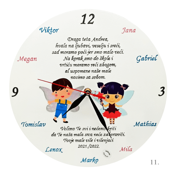 Personalizirani zidni sat za učiteljicu ili tetu u vrtiću – ručno izrađen dar s rukom pisanim tekstom, unikatni poklon pun emocija.