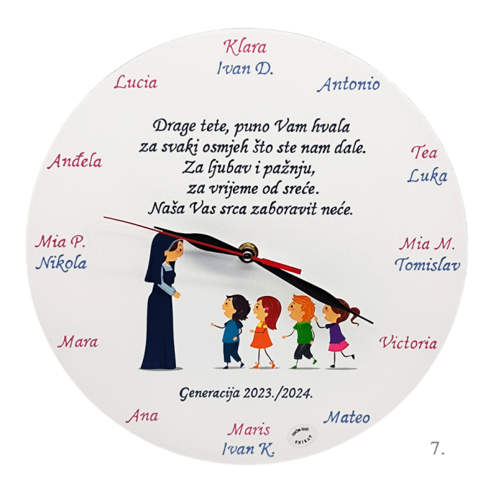Personalizirani zidni sat za učiteljicu ili tetu u vrtiću – ručno izrađen dar s rukom pisanim tekstom, unikatni poklon pun emocija.