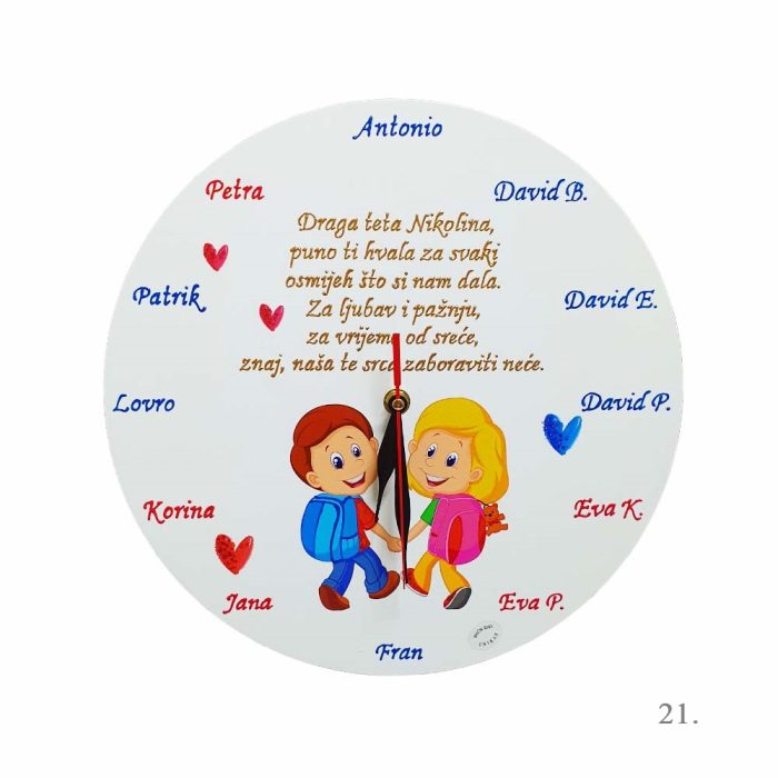 Personalizirani zidni sat za učiteljicu ili tetu u vrtiću – ručno izrađen dar s rukom pisanim tekstom, unikatni poklon pun emocija.