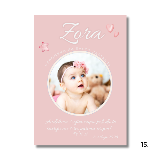 Personalizirani magnet zahvalnica s imenom i datumom krštenja, dizajniran kao uspomena za goste
