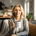 žena drži šalicu s porukom “Popij ovo, pa odluči koga ignoriraš danas” u ugodnom dnevnom boravku