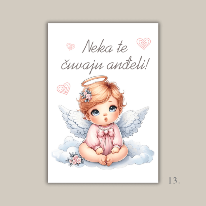 Magnet s ilustracijom anđela i porukom "Neka te čuvaju anđeli" – poklon za krštenje, rođenje i duhovnu zaštitu