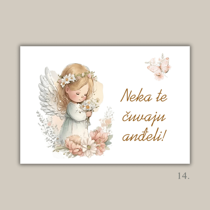 Magnet s ilustracijom anđela i porukom "Neka te čuvaju anđeli" – poklon za krštenje, rođenje i duhovnu zaštitu