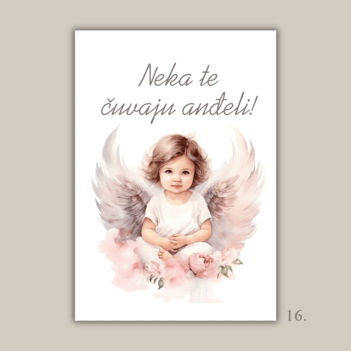 Magnet s ilustracijom anđela i porukom "Neka te čuvaju anđeli" – poklon za krštenje, rođenje i duhovnu zaštitu