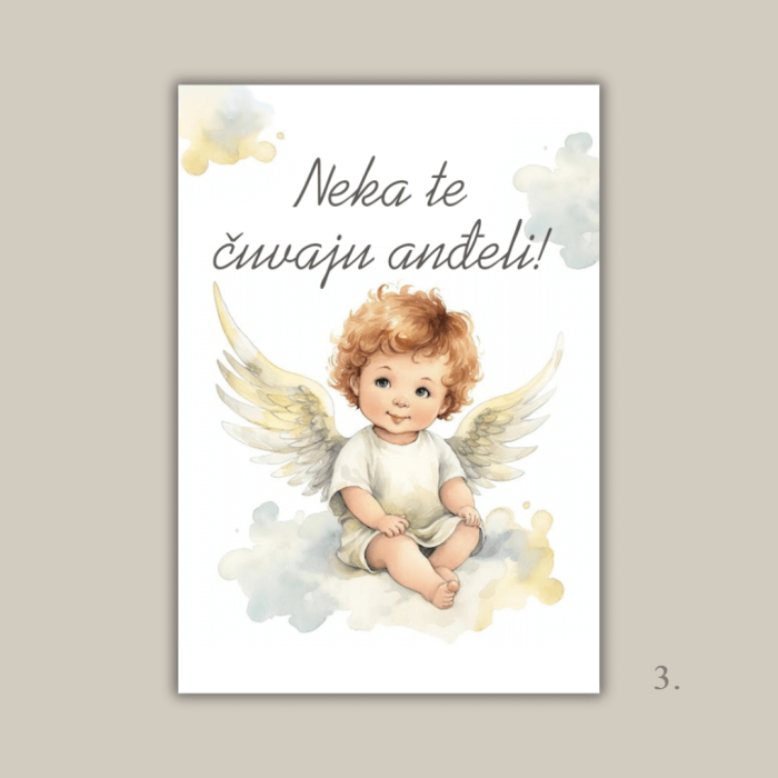 Magnet s ilustracijom anđela i porukom "Neka te čuvaju anđeli" – poklon za krštenje, rođenje i duhovnu zaštitu