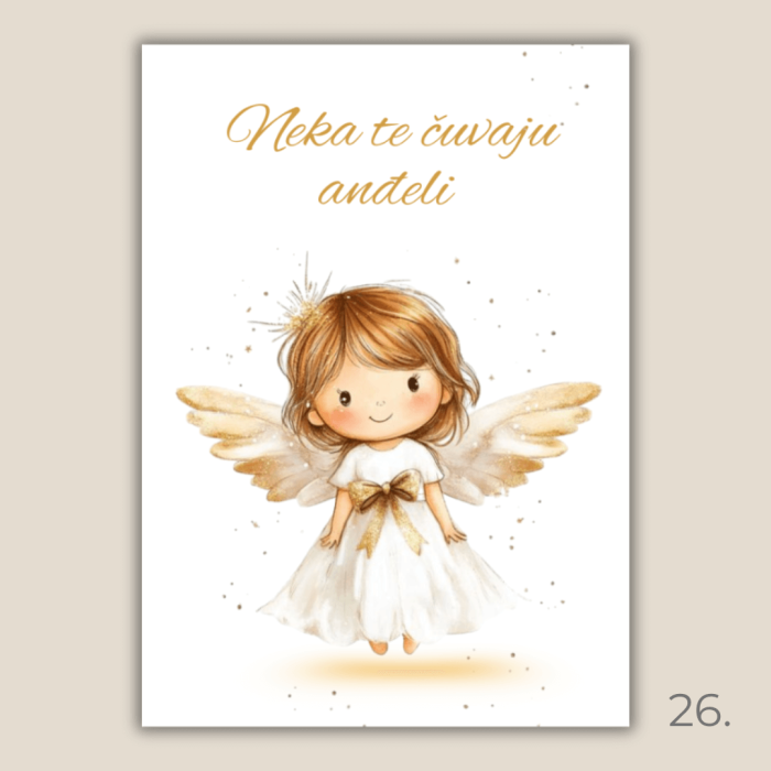 Magnet s ilustracijom anđela i porukom "Neka te čuvaju anđeli" – poklon za krštenje, rođenje i duhovnu zaštitu