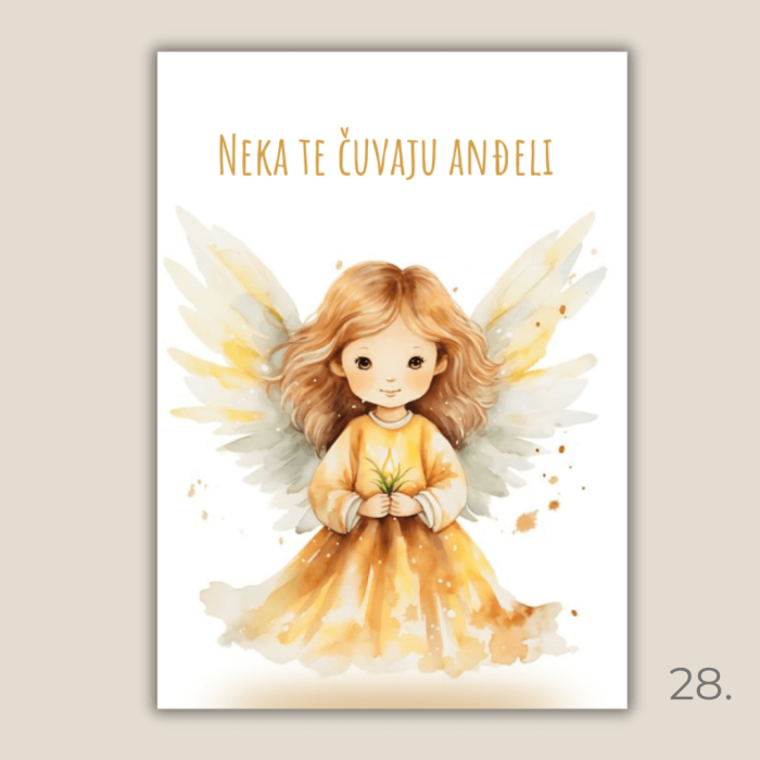 Magnet s ilustracijom anđela i porukom "Neka te čuvaju anđeli" – poklon za krštenje, rođenje i duhovnu zaštitu