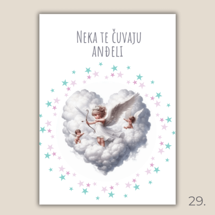 Magnet s ilustracijom anđela i porukom "Neka te čuvaju anđeli" – poklon za krštenje, rođenje i duhovnu zaštitu