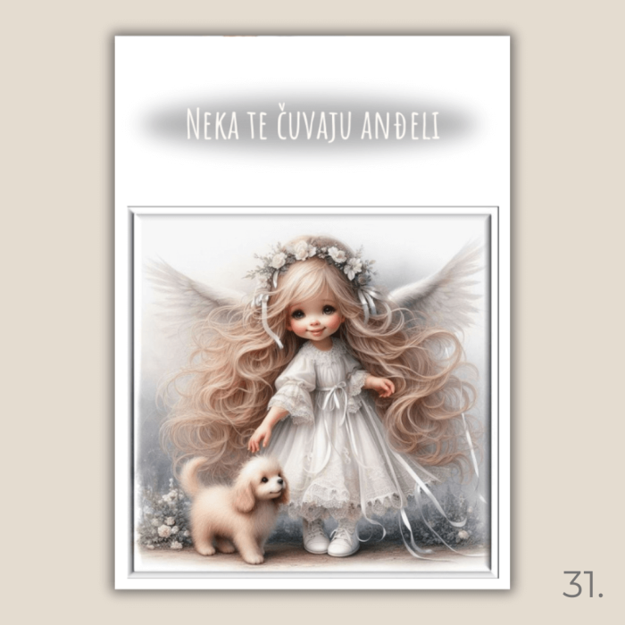 Magnet s ilustracijom anđela i porukom "Neka te čuvaju anđeli" – poklon za krštenje, rođenje i duhovnu zaštitu