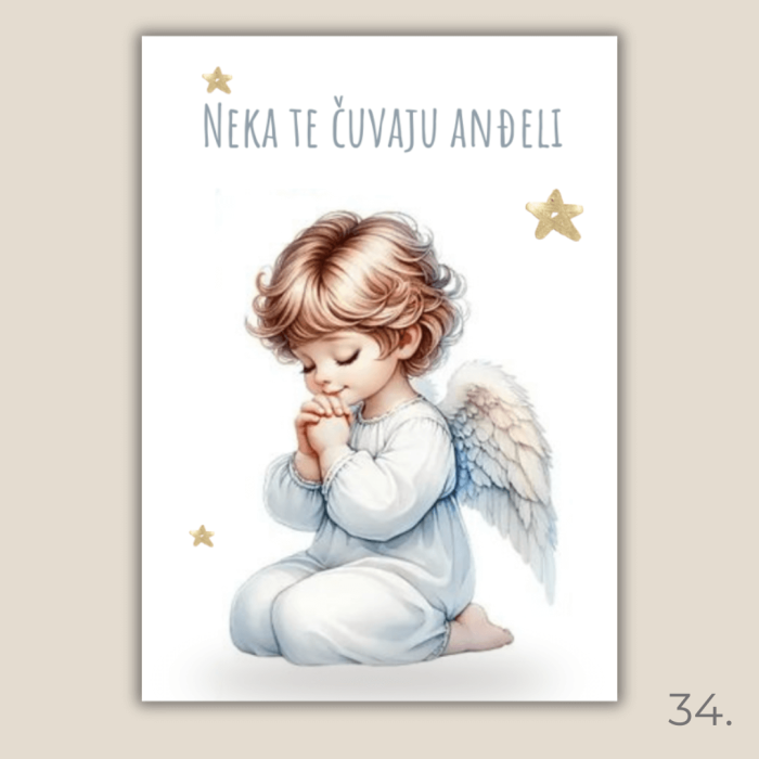 Magnet s ilustracijom anđela i porukom "Neka te čuvaju anđeli" – poklon za krštenje, rođenje i duhovnu zaštitu