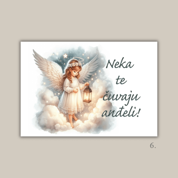 Magnet s ilustracijom anđela i porukom "Neka te čuvaju anđeli" – poklon za krštenje, rođenje i duhovnu zaštitu