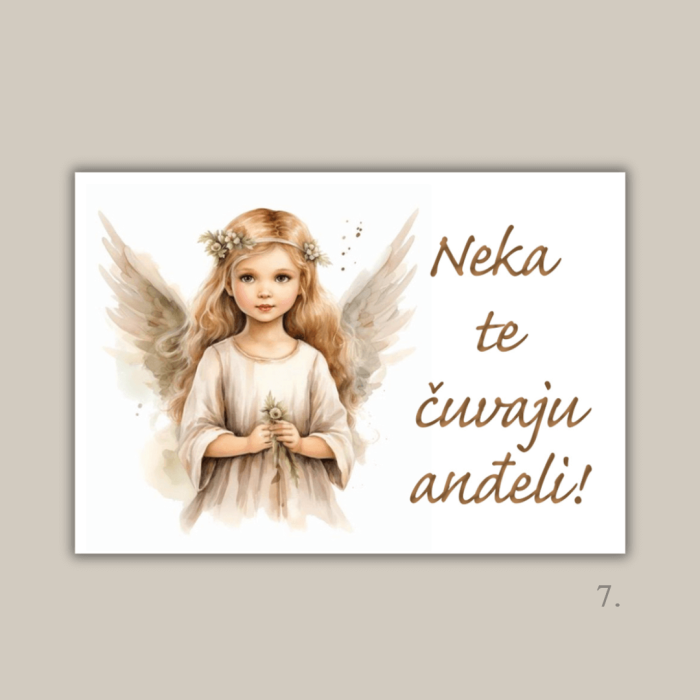 Magnet s ilustracijom anđela i porukom "Neka te čuvaju anđeli" – poklon za krštenje, rođenje i duhovnu zaštitu