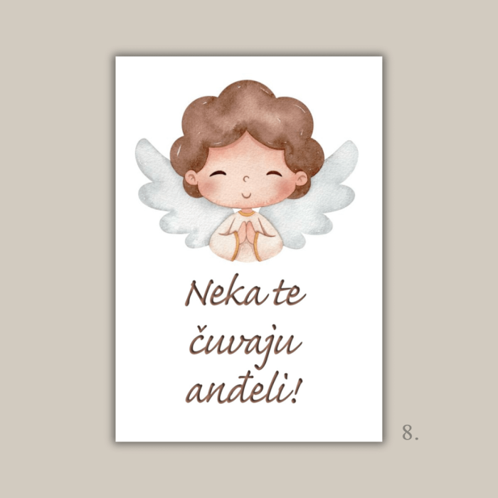 Magnet s ilustracijom anđela i porukom "Neka te čuvaju anđeli" – poklon za krštenje, rođenje i duhovnu zaštitu